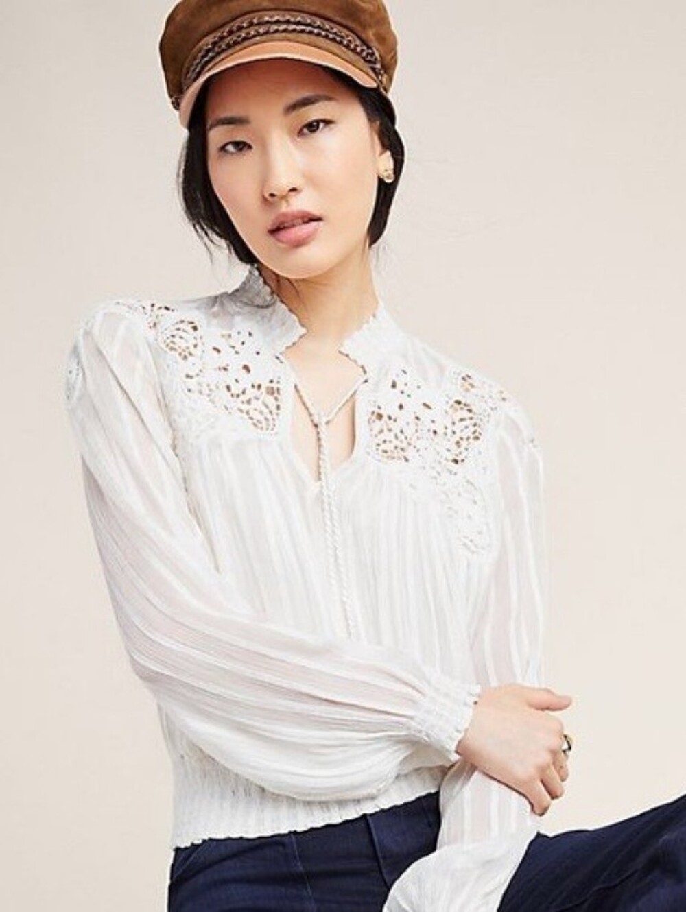 Anthropologie Moira peasant blouse intricate lace smocked cuffs V Neck 0 - Picture 1 of 9